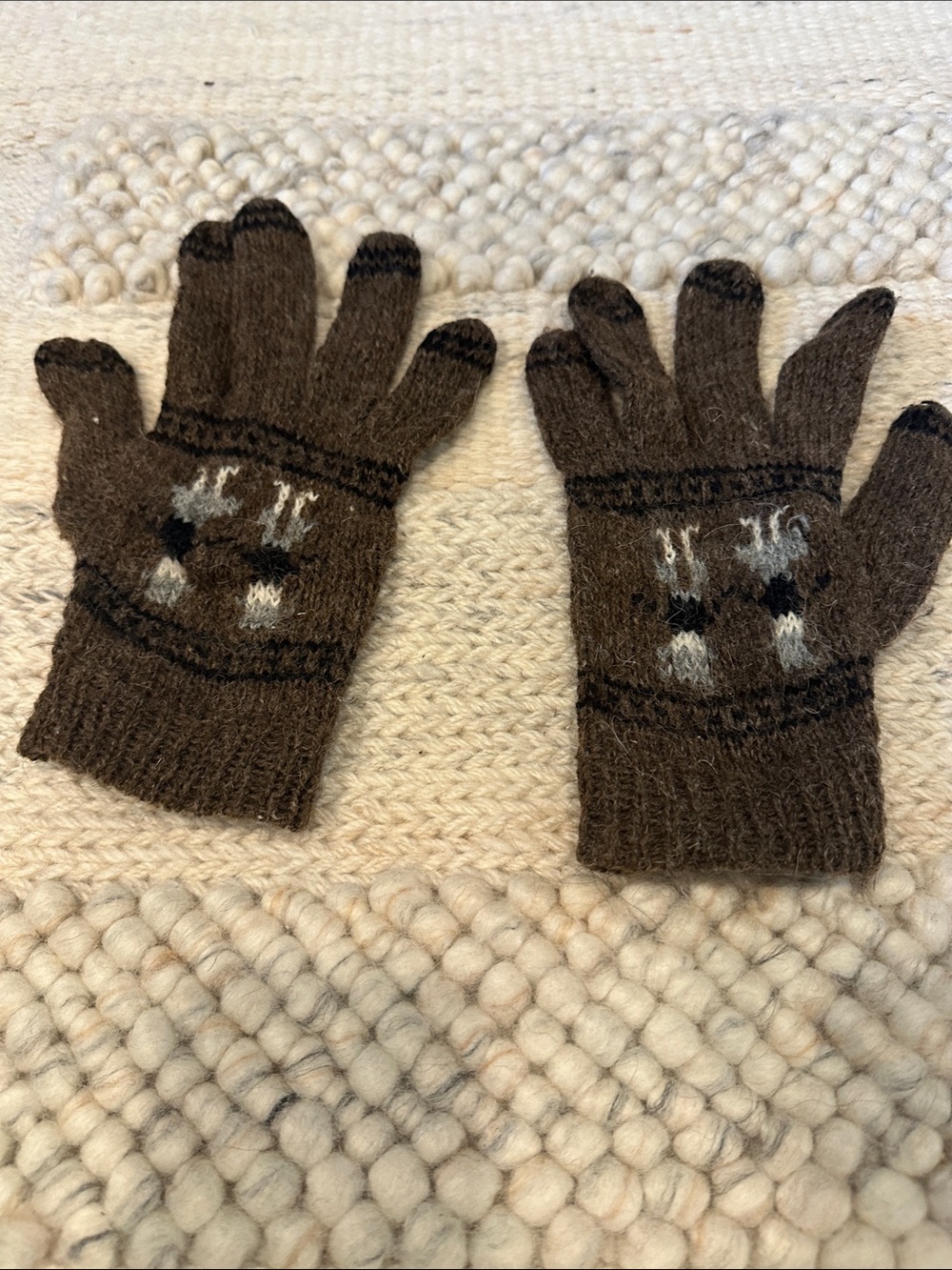 Dark Brown Knit Fingered Gloves with Subtle Stripe Detail - Handmade wool